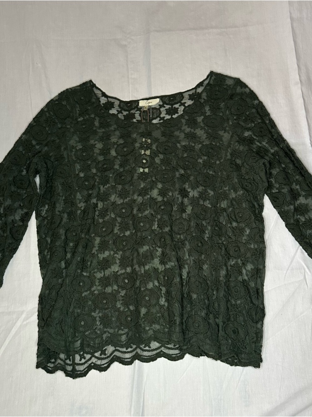 Dark Green Floral Lace Long-Sleeve Blouse